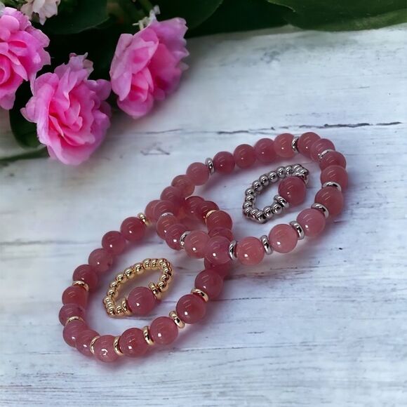 NWT Wool + Pepper Co. Strawberry Quartz Beaded Bracelet & Ring Set - Picture 3 of 5